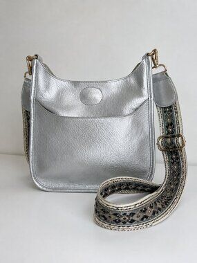 Ahdorned Silver Metallic Faux Leather Crossbody Bag Guitar Strap Purse